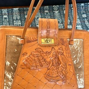 Vintage 50s Hand Tooled Leather and Cowhide Purse From Mexico with Aztec Motifs